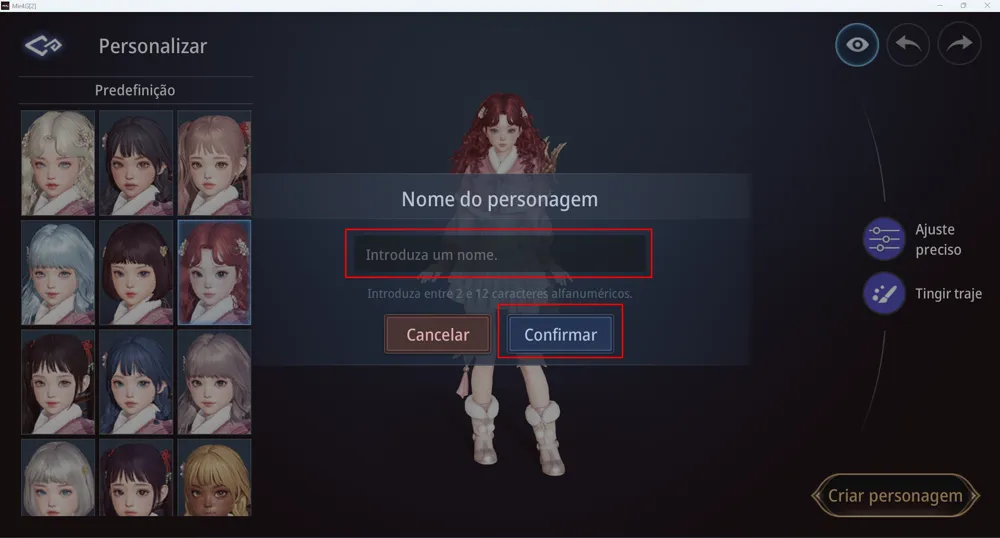 Campo para digitar o nome da personagem com o botão Confirmar destacado